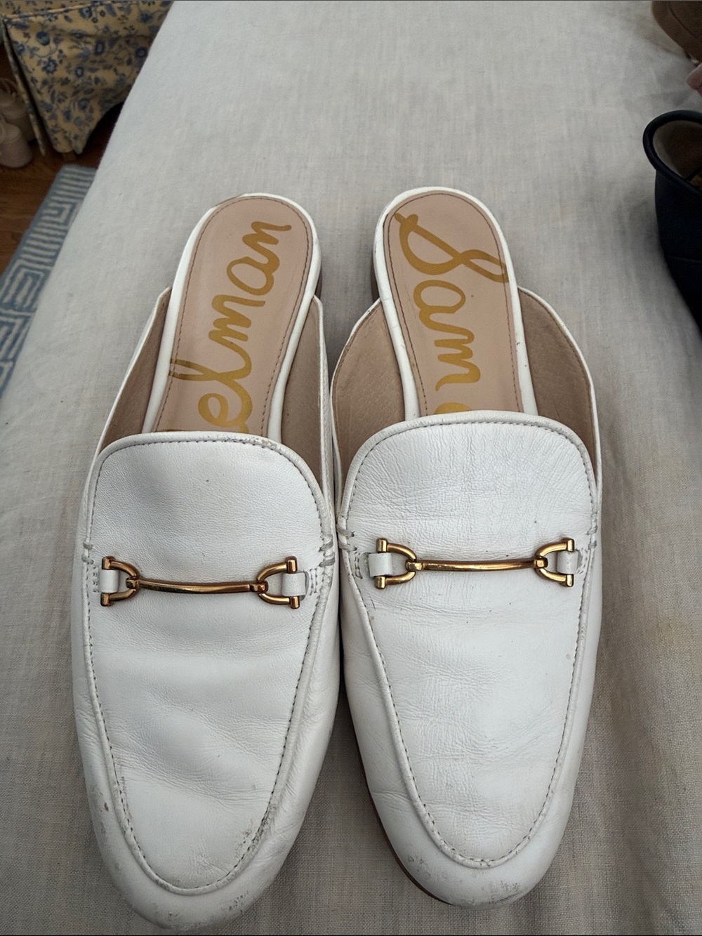 Sam Edelman White Leather Mule Slides with Gold Horsebit
